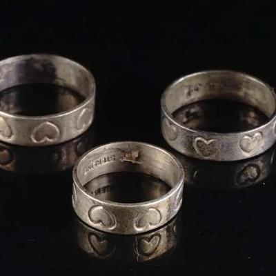 Lot of 3 Solid Sterling Silver Heart Band Rings, Sizes 5–8 (7.8g Total)