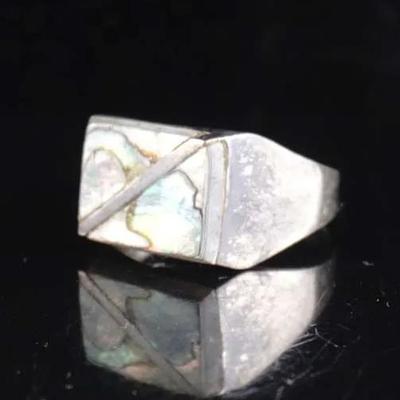Vintage Sterling Silver Abalone Signet Ring, Geometric Design, Size 7.5 (5.4g)