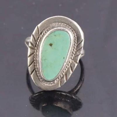 Navajo Sterling Silver Turquoise Ring, Size 7, Classic Oval Stone Design (4.5g)