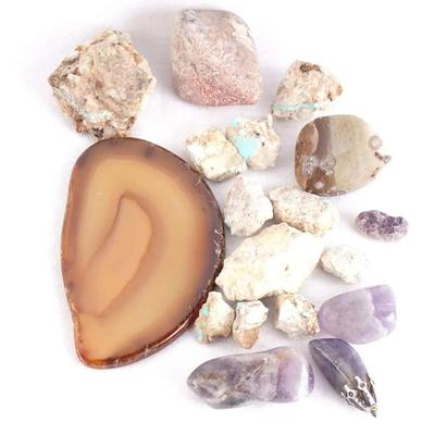 Mixed Natural Stone Lot W/ Agate Slice, Amethyst Points & Rough Turquoise-Bearing Matrix Stones