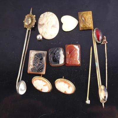 Vintage Estate Jewelry Lot - Victorian Style Hat Pins, Cameo Earrings & More