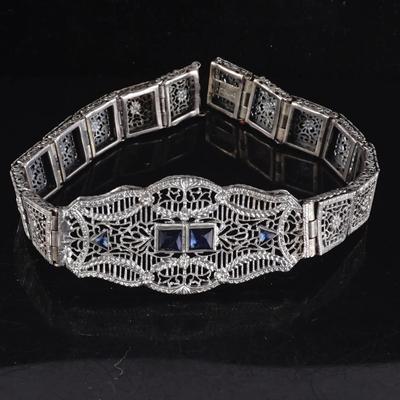 Vintage Sterling Silver Scrollwork Bracelet - Sapphire Accents - 13.8g