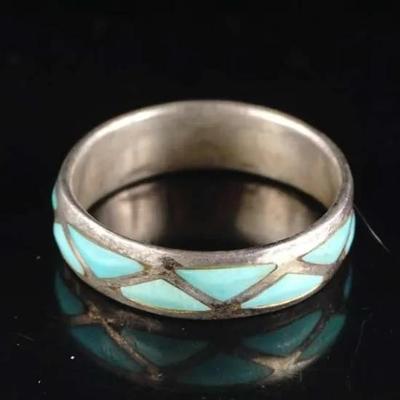 Vintage Sterling Silver Turquoise Inlay Band Ring, Zuni/Navajo Style, Size 10.5 (5.2g)