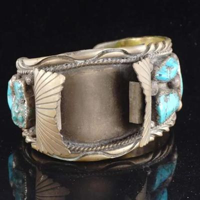 Vintage Heavy Native American Navajo Men's Watch Band Cuff Bracelet Silver Turquoise (82.9g)