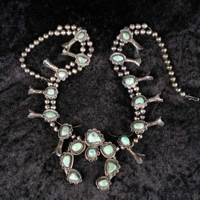 Blue Turquoise Sterling Silver Navajo Squash Blossom Naja Necklace (173.4g) – Repair Needed