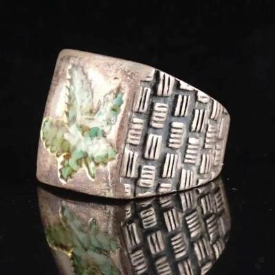 Vintage Sterling Silver Green Turquoise Leaf Emblem Ring - Size 8 - 10.5g