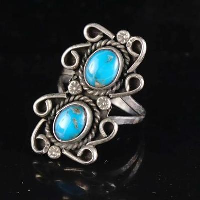 Vintage Sterling Silver Turquoise Ring, Size 6.5, Ornate Scroll Design (5.2g)