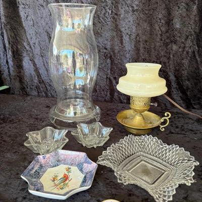 Vintage Lot: Pyrex Hurricane Chimneys, Working Mini Electric Lamp & Glass/China Décor