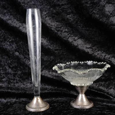 Sterling Silver Weighted Duchin Creation Candy Dish & Etched Clear Bud Vase Set