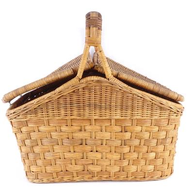 Vintage Woven Bamboo Picnic Basket - Single Handle Hinged Lid - 14" x 10" x 7.5" Gathering Basket
