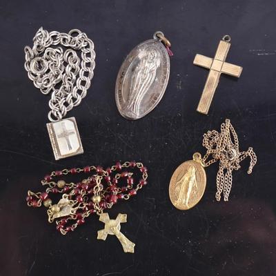 Vintage Religious Jewelry Lot - Crucifix Rosary, Saint Medals, & Bracelet