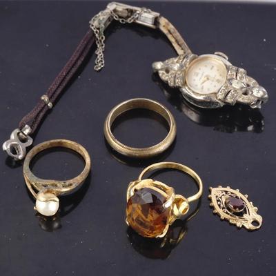 Pedre 17 Jewel Watch & Sarah Coventry Smokey Quartz Ring Lot - Gold Filled Jewelry