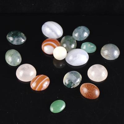 Mixed Polished Stone Cabochons – Agate, Moss Agate, Carnelian, Rose Quartz & Aventurine (8.6g)