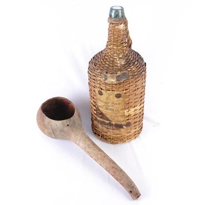 Vintage 14" Ron Bacardi Wicker Demijohn & Primitive Gourd Water Ladle - 2pc Folk Art Set