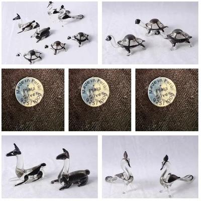 Sterling Silver Pure Plata 925 Overlay Art Glass Figurine Lot From Peru (Turtles, Peacocks & Lamas)