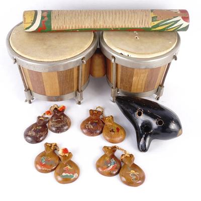 Vintage Instrument Lot - Austria Ocarina, Spanish Guivernau Bongos, Guiro & Clappers