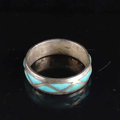 Vintage Sterling Silver Turquoise Inlay Band Ring, Zuni Style, Size 10.5 (4.4g)