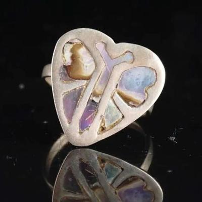 Vintage Sterling Silver Abalone Inlay Heart Ring, Butterfly Design, Size 6.5 (2.2g)