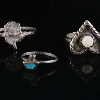 Lot of 3 Solid Sterling Silver Rings with Turquoise Accents, Sizes 2, 6 & 9 (5.8g Total)
