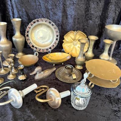 Large Brass Décor Lot – Vases, Candleholders, Platters & Hardwired Wall Sconces - Made In India