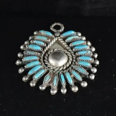 Stunning Blue Turquoise Sterling Silver Pendant Signed S.M. BAHE Navajo (Diné) Silversmith (9.1g)