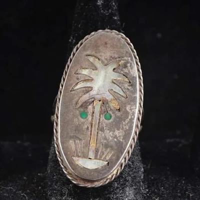 Vintage MSR Taxco Sterling Silver Pearl Palm Tree Inlay Size 7 Sterling Ring (5.8g)