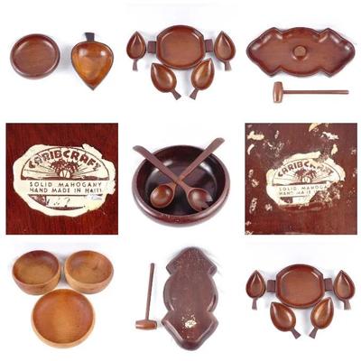 CaribCraft Haiti Solid Mahogany Hand-Carved Serving Bowl & Tray Set