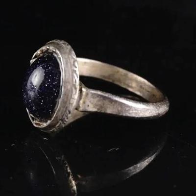 Vintage Sterling Silver Blue Goldstone Ring, Oval Cabochon, Size 6 (2.8g)