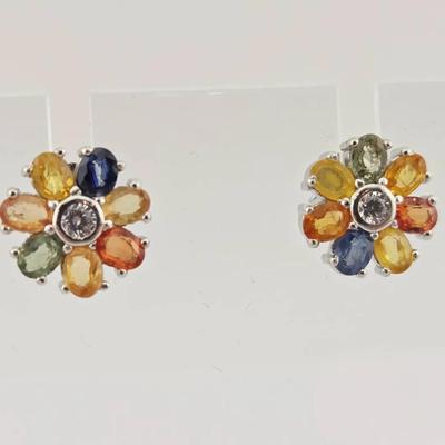 Natural Heated Sapphire Multicolor Sterling Silver Flower Earrings 