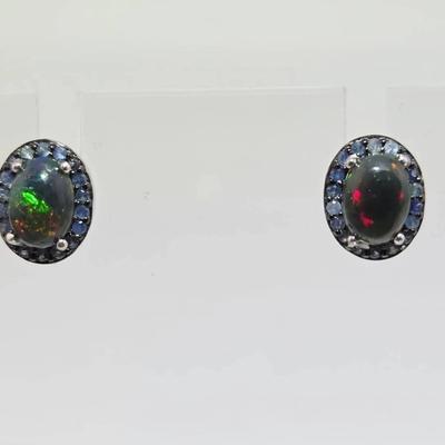 Natural Black Opal & Sapphire Oval Sterling Silver Earrings 