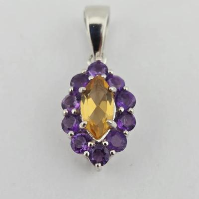 Natural Unheated Citrine & Amethyst Sterling Silver Pendant 