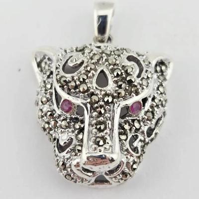 Natural Heated Marcasite Ruby Eyes Tiger Sterling Silver Pendant 