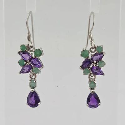 Natural Unheated Amethyst & Emerald Sterling Silver Earrings 