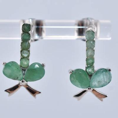 Emerald Natural Sterling Silver Bow Earrings