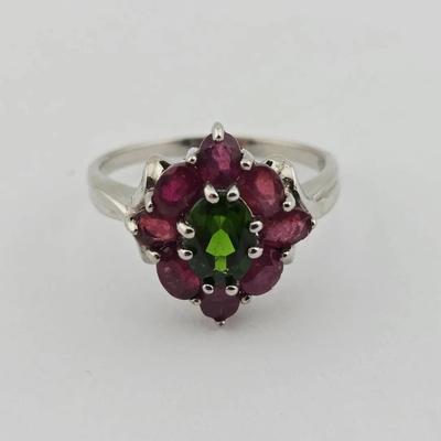 Natural Unheated Chrome Diopside & Ruby Sterling Silver Ring 
