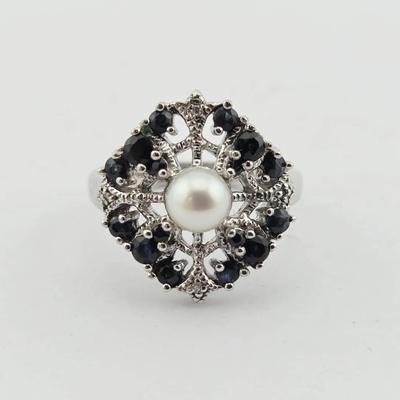 Sapphire & Pearl Sterling Silver Ring 