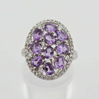 Natural Unheated Amethyst Cluster Sterling Silver Ring 