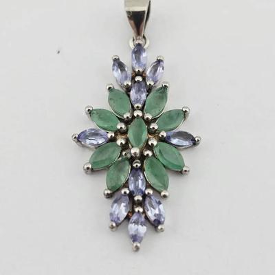 Natural Unheated Emerald & Tanzanite Sterling Silver Pendant 