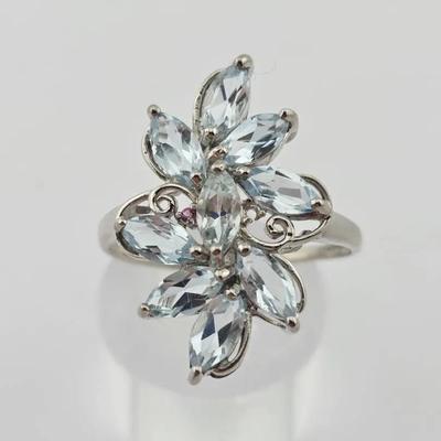 Natural Sky Blue Marquise Topaz Cluster Sterling Silver Ring 