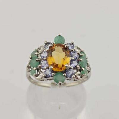 Natural Unheated Oval Citrine, Emerald, & Tanzanite Sterling Silver Ring 