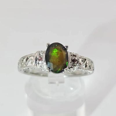 Natural Black Opal & Sapphire Sterling Silver Ring 