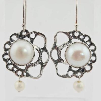 Sterling Silver Pearl Dangle Earrings 
