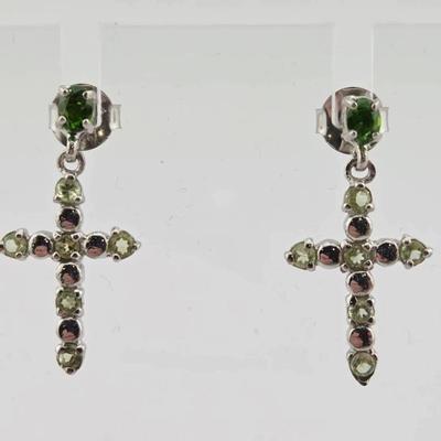 Natural Unheated Chrome Diopside & Peridot Sterling Silver Cross Earrings 