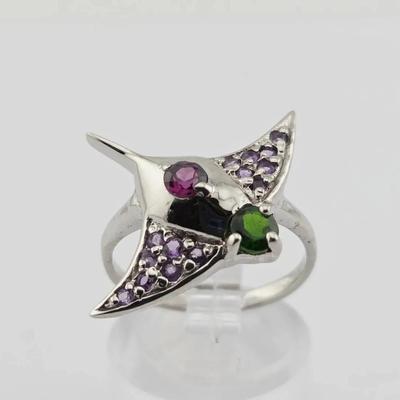 Natural Unheated Chrome Diopside Rhodolite Garnet & Amethyst Sterling Silver Stingray Ring 