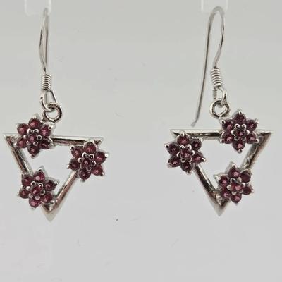 Natural Unheated Rhodolite Garnet Sterling Silver Hook Earrings 