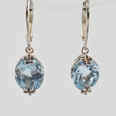 7ctw Blue Topaz Oval Cut Sterling Silver Earrings 
