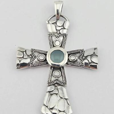 Natural Unheated Chalcedony Sterling Silver Cross Pendant 