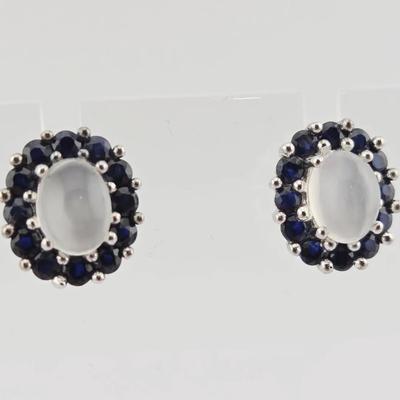 Natural Moonstone & Sapphire Sterling Silver Earrings 