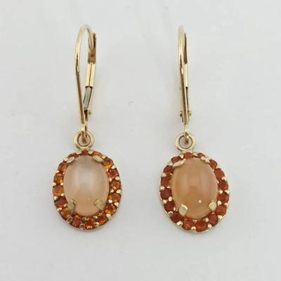 14k Gold Orange Moonstone & Orange Opal Leverback Earrings 