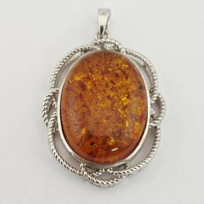 Sterling Silver Oval Amber Pendant